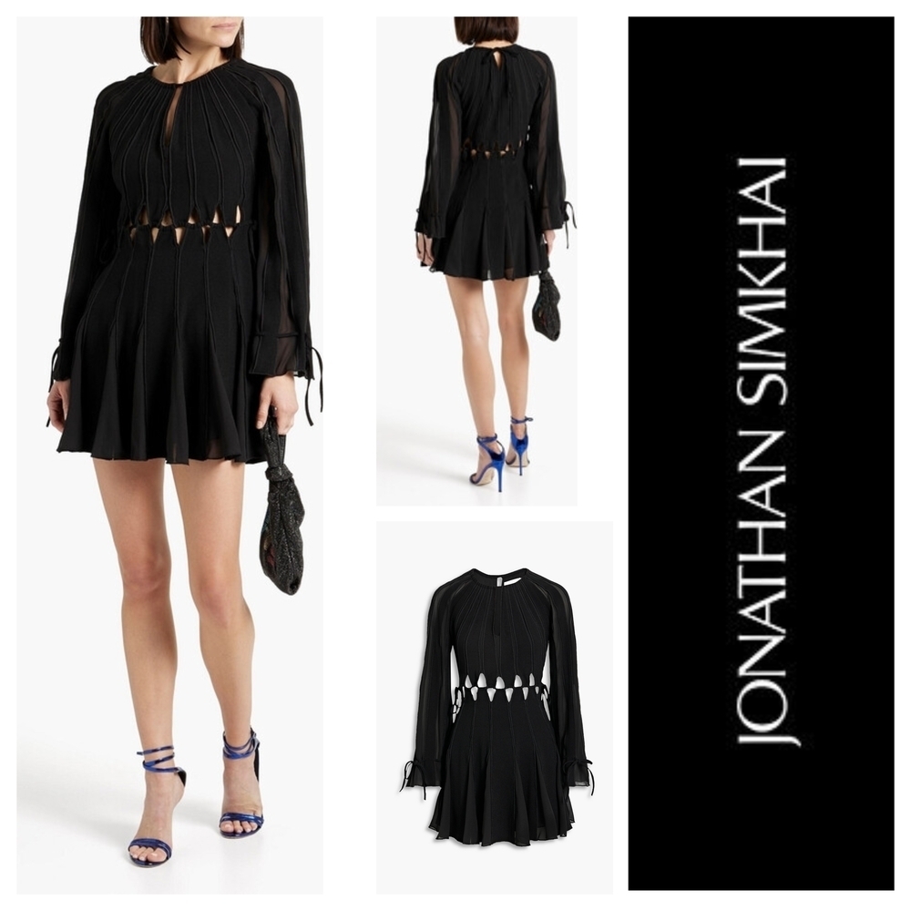 Jonathan Simkhai Designer Black Cutout Chiffon Paneled Crepe Mini Dress Size 2